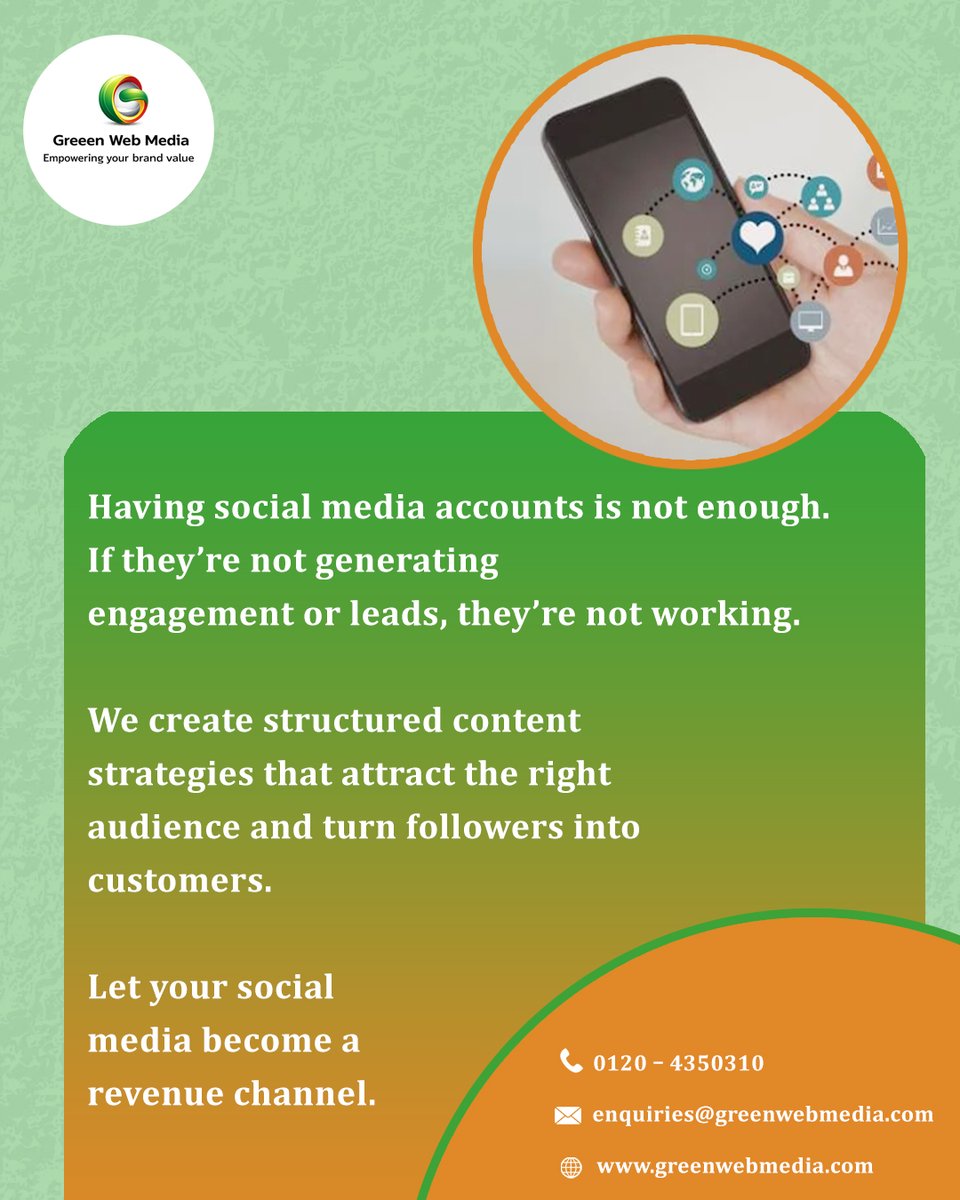 greenwebindia's tweet photo. If your posts aren’t bringing engagement, leads, or sales, it’s time for a strategy that works. We create result-driven content plans that attract the right audience and turn followers into paying customers.

#GreenWebMedia #SocialMediaMarketing #contentstrategy #DigitalGrowth https://t.co/nNJLCSwmDr