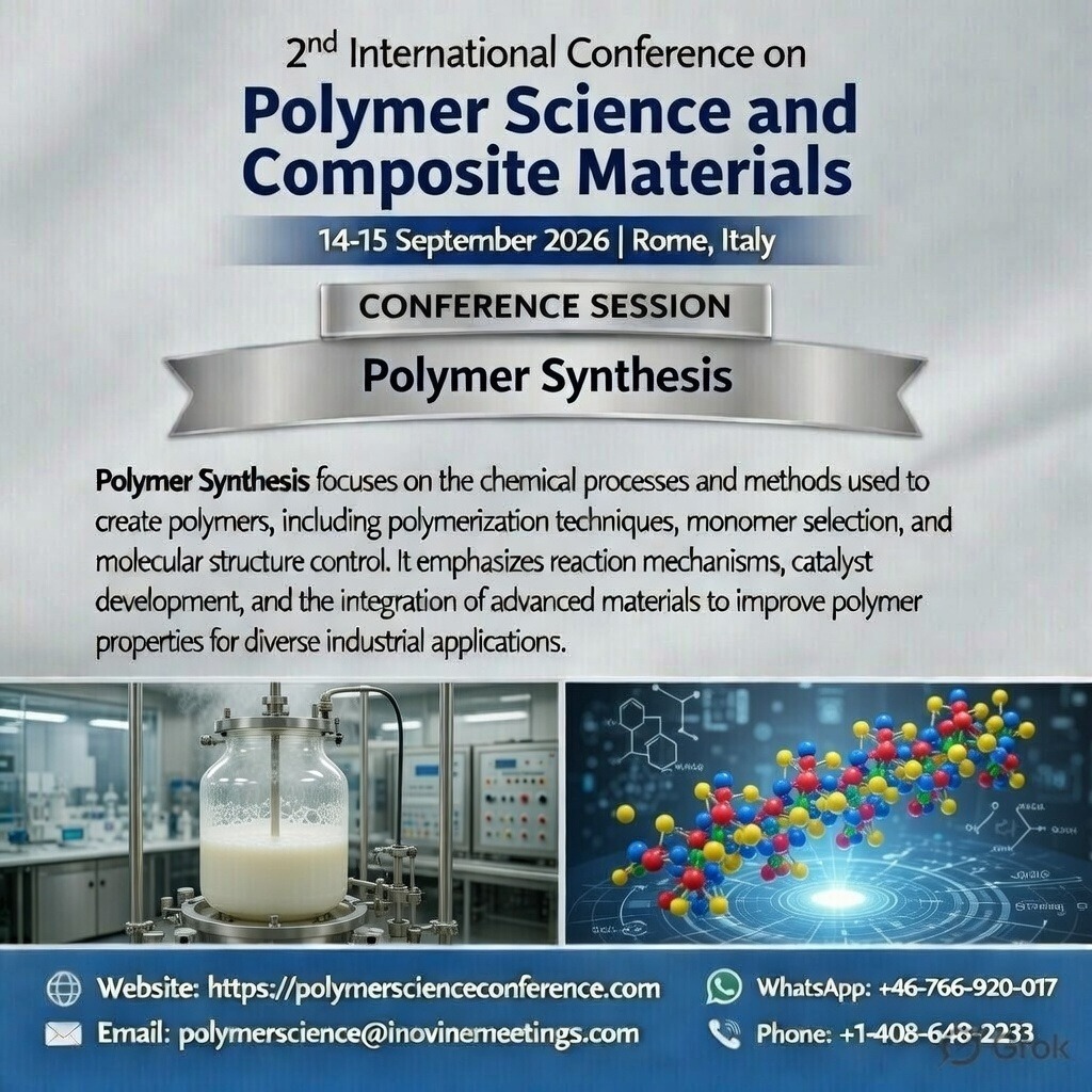 InovineMeetings's tweet image. 🧪 Conference Session Spotlight: Polymer Synthesis
Join us at the 2nd International Conference on Polymer Science and Composite Materials
📅 14–15 September 2026
📍 Rome, Italy
🌐 polymerscienceconference.org

#polymerscience #polymersynthesis #compositematerials #polymerresearch