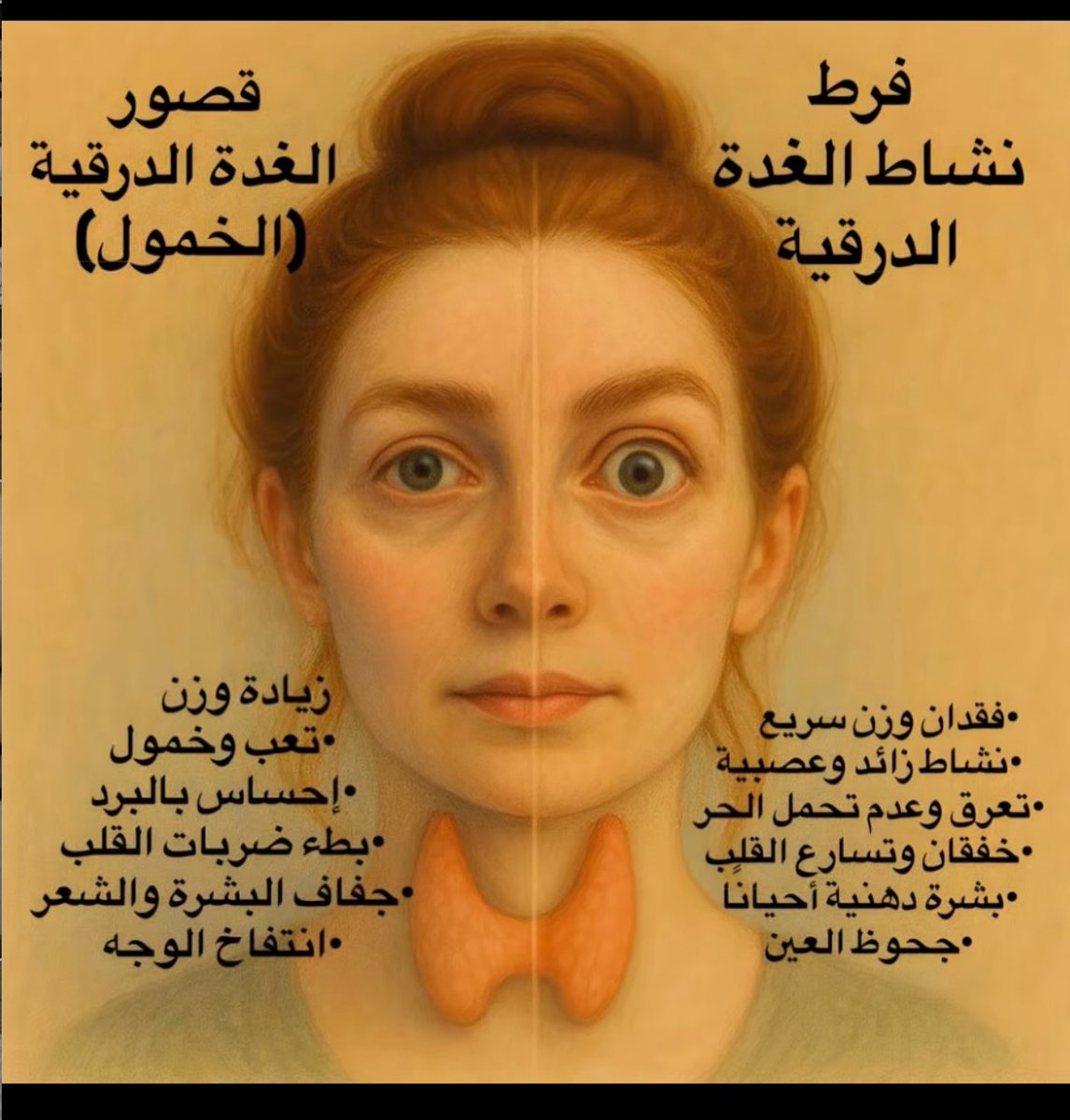 الغدة الدرقية مرتبطة ارتباط مباشر بـ الغدة النخامية، وكلهم ضمن نظام هرموني اسمه محور تحت المهاد – النخامية – الدرقية
وهاذي الغدة تتأثر بالضغط النفسي والتوتر 
لانها موجودة اصلا بالرأس!
محور تحت المهاد النخامية الدرقية يشتغل بهالطريقة:
تحت المهاد يفرز TRH
يحفّز الغدة النخامية تفرز