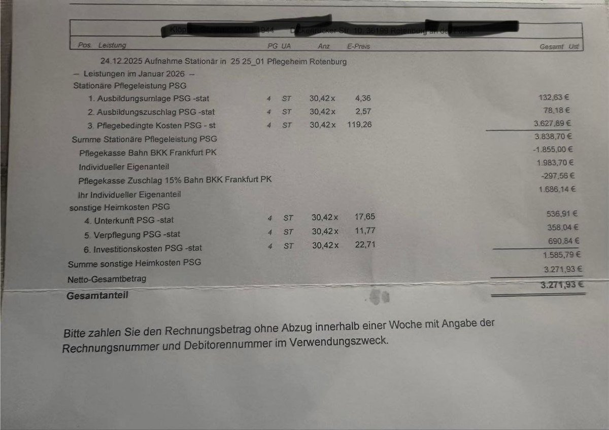 Wir dürfen nicht mehr wegsehen, es trifft uns ALLE 🤬

3200 Euro Eigenanteil im Pflegeheim. Monat für Monat. Diese Zahl ist kein Verwaltungsdetail, sie ist ein Schlag ins Gesicht. Sie trifft Menschen, die ihr Leben lang gearbeitet, gespart, verzichtet haben – und nun feststellen