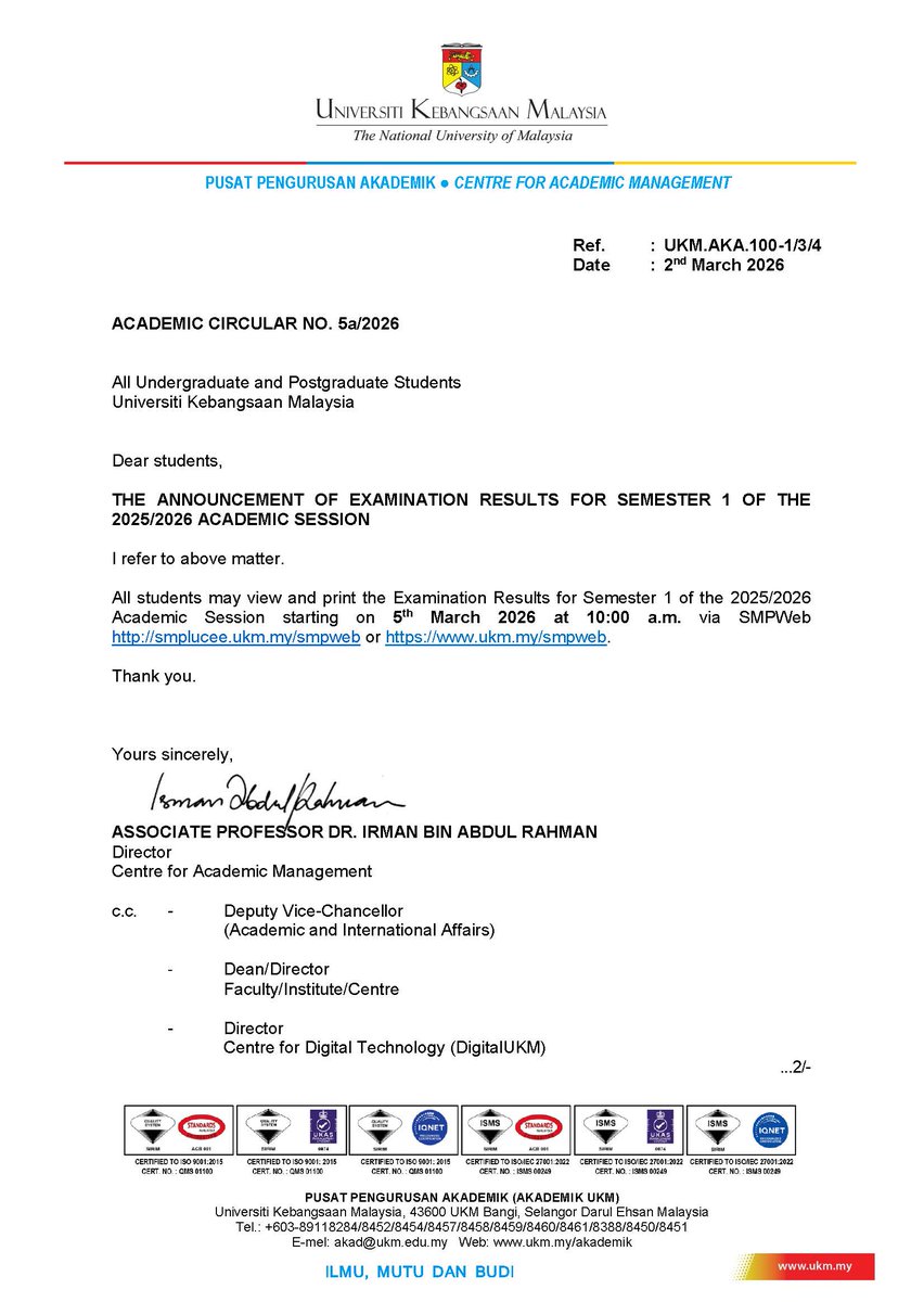 PrasisFSTUKM's tweet photo. ACADEMIC CIRCULAR NO. 5a/2026: THE ANNOUNCEMENT OF EXAMINATION RESULTS FOR SEMESTER 1 OF THE 2025/2026 ACADEMIC SESSION https://t.co/vG4memlZGJ