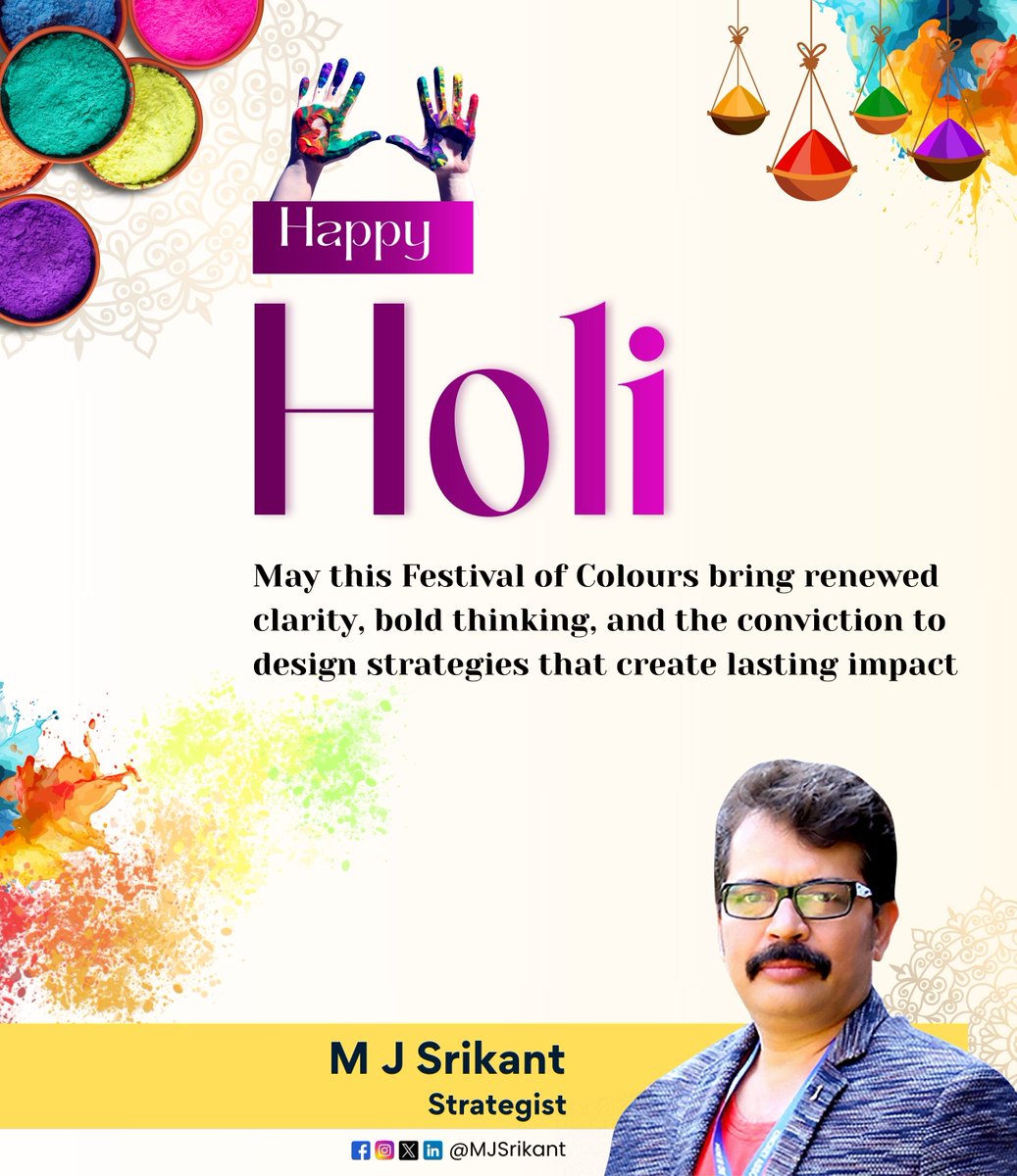 MJSrikant's tweet photo. Let your vision be vivid and your strategy splash beyond limits 🎨🚀
Wishing you a Holi filled with clarity, courage, and colours that create lasting impact.

#Holi #HappyHoli #FestivalOfColors #Holi2026 #IndianFestival #CelebrateSuccess #Leadership #Strategy #EntrepreneurLife https://t.co/5dWhY0xD71