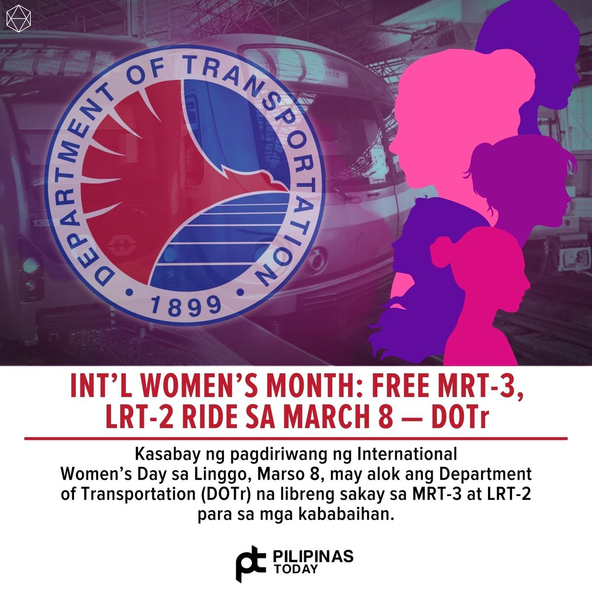 PilipinasToday_'s tweet image. Makakasakay nang libre ang mga kababaihan sa MRT-3 at LRT-2 sa Marso 8, mula ala-7 ng umaga hanggang alas-9 ng umaga, at magpapatuloy mula ala-5 ng hapon hanggang ala-7 ng gabi. (via Brit Cezar)

#PilipinasToday
#MRT3 #LRT-2
#DOTr
#LibrengSakay
#InternationalWomensDay
