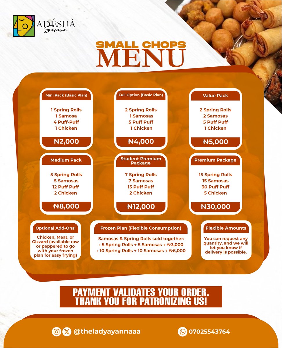 TheLadyAyannaaa's tweet photo. I make fresh, well-packed small chops (spring rolls, samosa, puff-puff) for:
• parties &amp; small events
• personal cravings
Everything is prepared fresh and delivered fast within Lagos.
If you’re looking for a reliable new vendor, my DMs are open.
📍 Lagos
📩 DM to order https://t.co/r6v5JS31iq