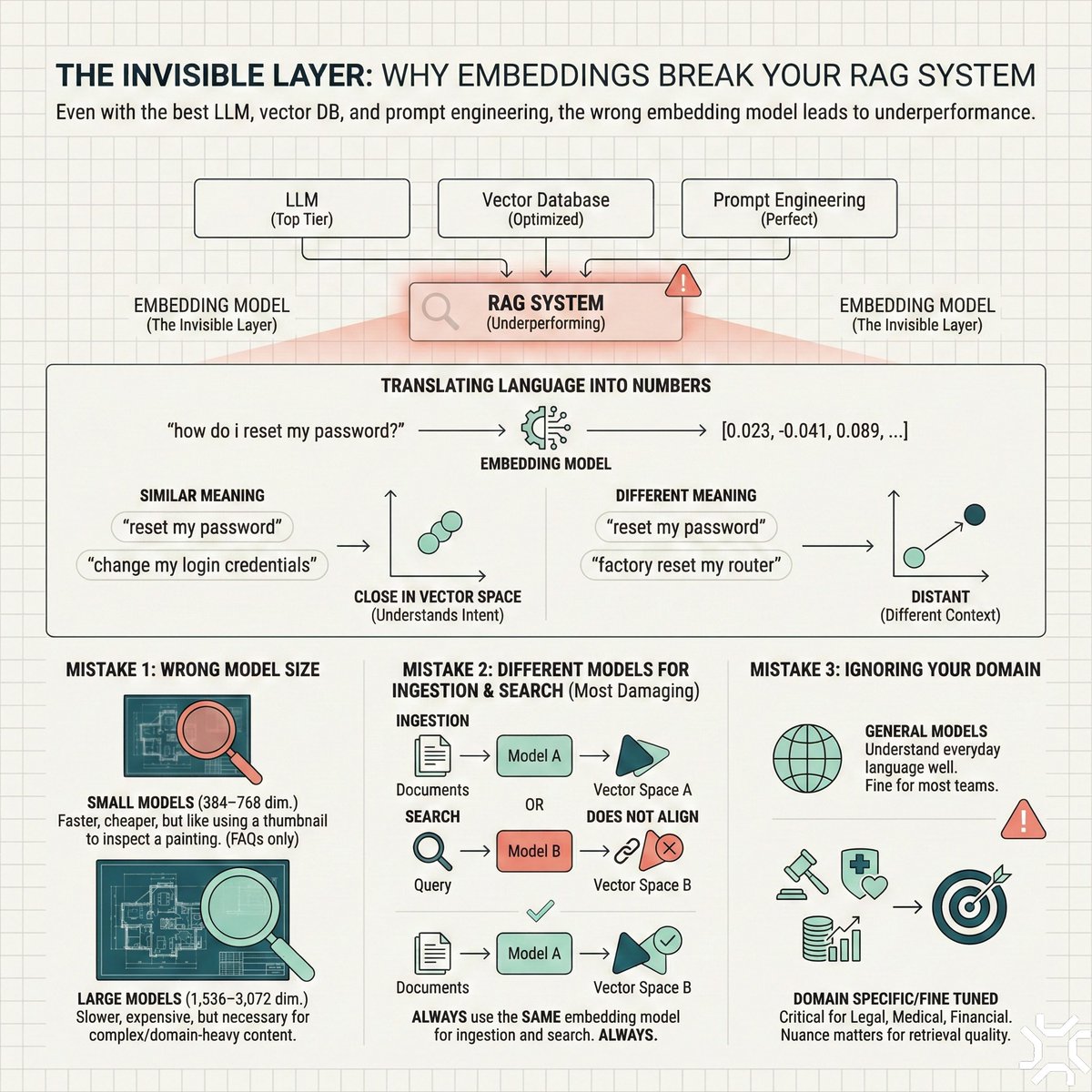 you can have the best LLM, the best vector database, and perfect prompt engineering.

if your 𝗲𝗺𝗯𝗲𝗱𝗱𝗶𝗻𝗴 𝗺𝗼𝗱𝗲𝗹 𝗶𝘀 𝘄𝗿𝗼𝗻𝗴, your RAG system will still underperform.

embeddings are the invisible layer most teams get wrong.

an embedding model translates language