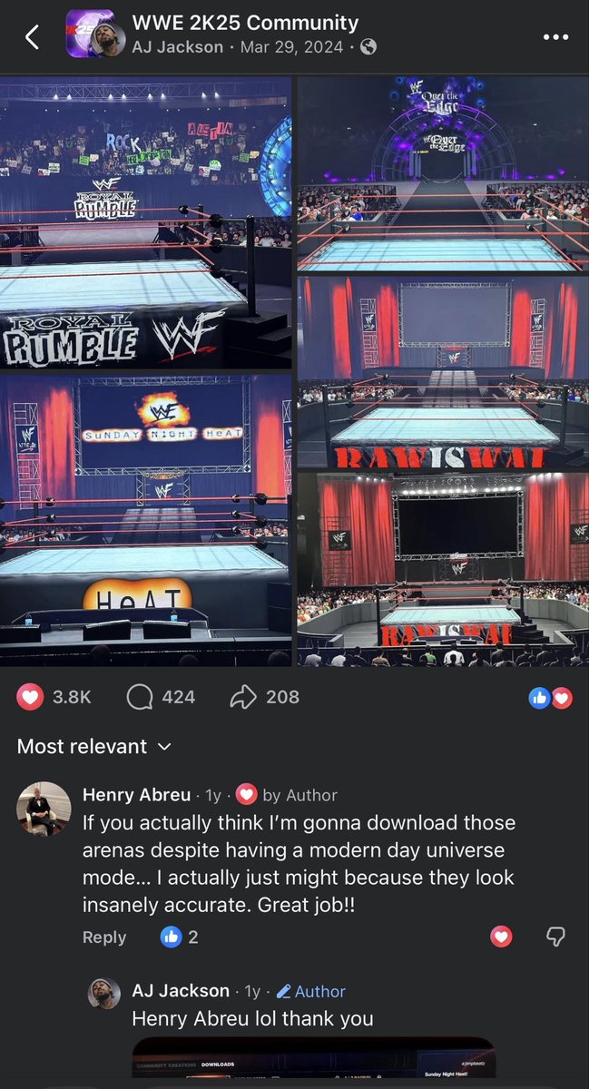 AJ_TMP's tweet photo. @JNinjaBuster10 @CornellGunter_ It’s OK if they don’t do it  I’ll just make it in the game. I created these arenas on WWE 2k24 and 2k25. And  I actually build a fan base doing it. And it’s on Consoles so imagine what I can do on PC 😅 Me &amp; Blender is like this 🤞🏾  #WWE2K26 https://t.co/v8NsD3RWLQ