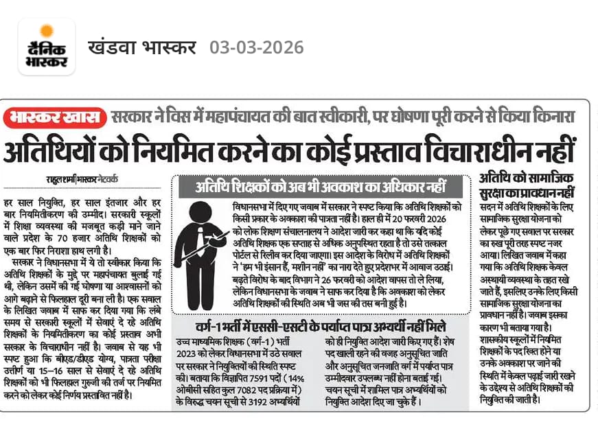 <a href="/ChouhanShivraj/">Shivraj Singh Chouhan</a>
<a href="/CMMadhyaPradesh/">Chief Minister, MP</a>
<a href="/udaypratapmp/">Uday Pratap Singh</a>
<a href="/EduMinOfIndia/">Ministry of Education</a> <a href="/dpradhanbjp/">Dharmendra Pradhan</a>
मध्यप्रदेश स्कूल शिक्षा विभाग की रीढ़ अतिथि शिक्षकों को 18 वर्षों से निरन्तर कार्यरत हैं अतिथि 1-2 माह का होता है 18 वर्षों का अतिथि शिक्षक नहीं होता 
dainik.bhaskar.com/GHlvpw4Vb1b