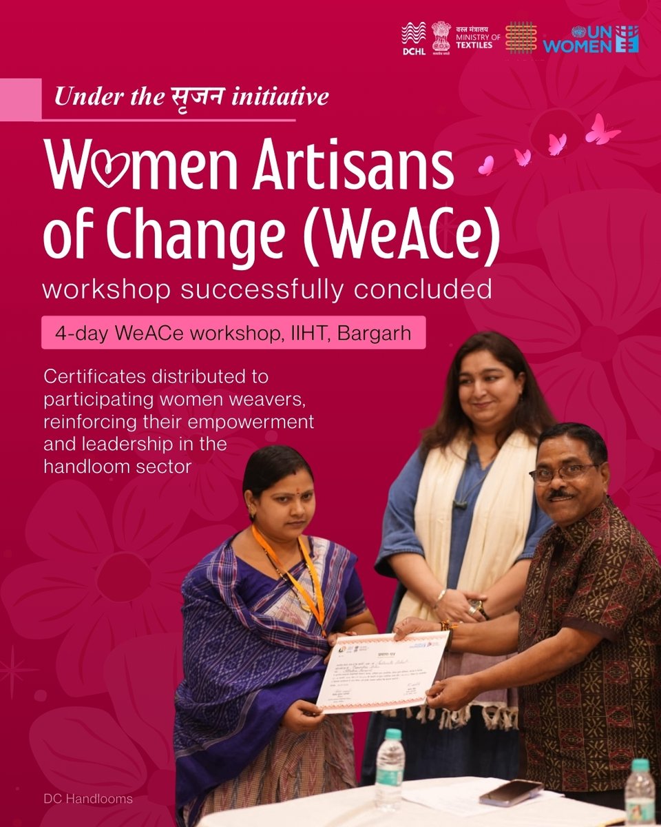 dchandlooms01's tweet image. Empowering women weavers!   Certificates handed out at the 4‑day Women Artisans of Change (WeACe) workshop, IIHT Bargarh, under the Ministry of Textiles. Celebrating leadership &amp;amp; empowerment in the handloom sector.   #unitednations #WomenEmpowerment #Handloom #women #unwomen