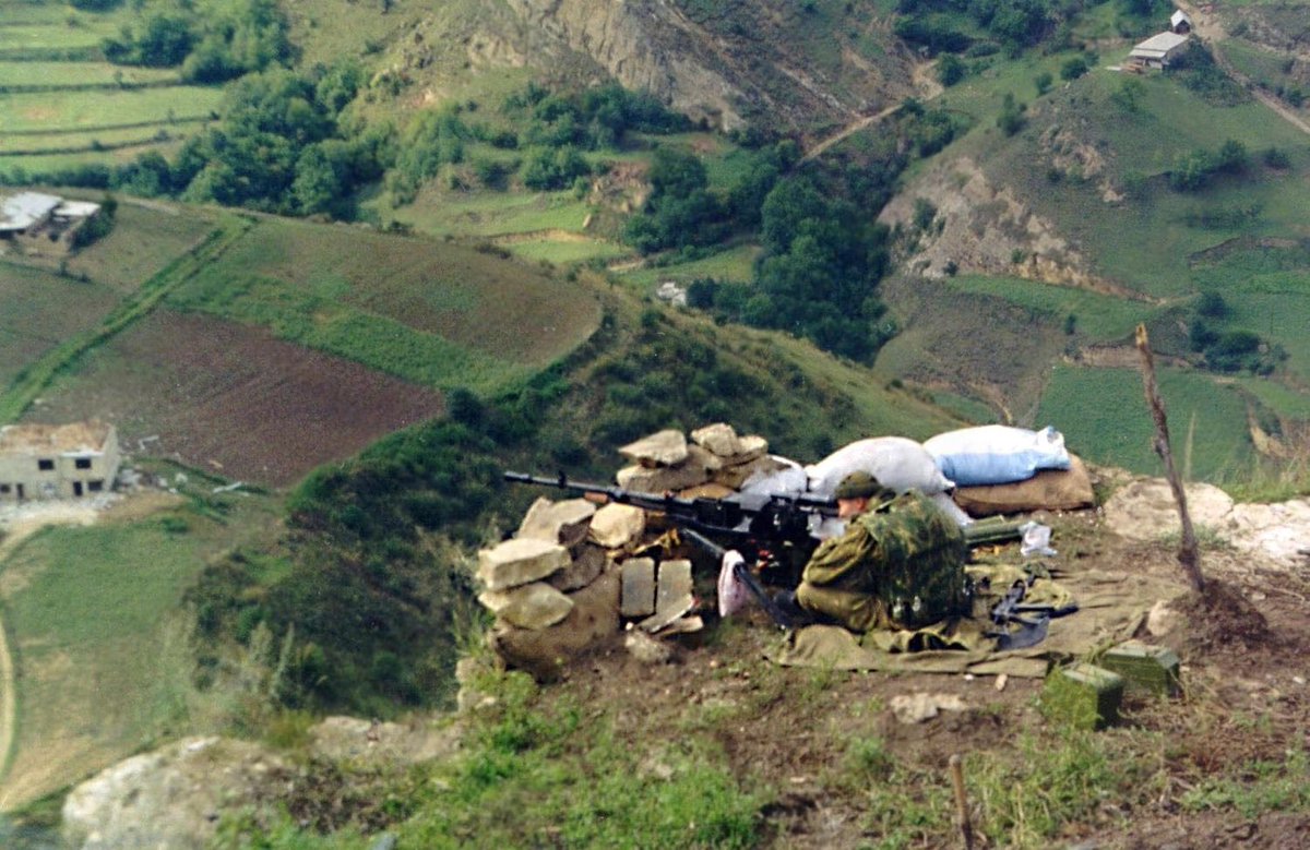 Near the Chechen-Georgian border, Russian MG position overlooking a valley. Second Chechen War, October 1999.