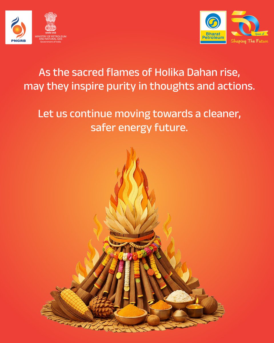 BPCLimited's tweet image. On the occasion of Holika Dahan, let us renew our commitment to purity in thought and action, and to building a sustainable energy future for all.
@HardeepSPuri @PetroleumMin @Secretary_MoPNG @BPCLGasBusiness 
#NonStopZindagi #CleanEnergyLife #CleanEnergyMovement #PNGDrive