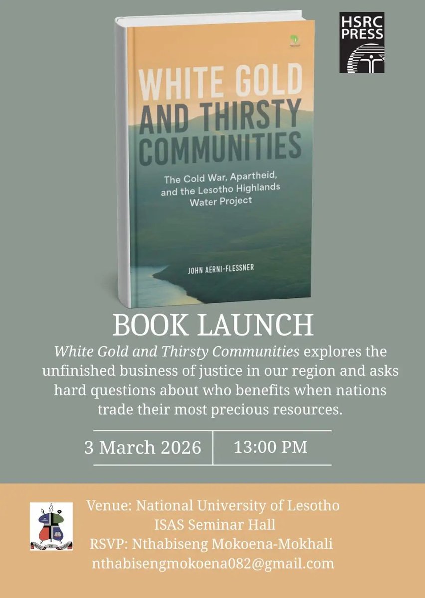 PolokoMokhele_'s tweet photo. United States–based Professor John Aerni-Flessner @LesothoJohn, a scholar who has written extensively on #Lesotho, will today launch his new book, White Gold & Thirsty Communities, at the National University of Lesotho.

According to Lynne Rienner Publishers, in the book, Aerni-Flessner traces the twenty-year negotiations leading up to the signing of the #LHWP treaty, assesses how the Cold War and anti-apartheid struggles shaped those negotiations, and considers the effect of global geopolitical battles on the entire process. 

He also shows that, while the LHWP can by one metric be judged a success—today the project delivers hundreds of millions of cubic meters of “white gold” per year from Lesotho to #Gauteng—it is also a failure in that many communities in both countries still lack access to water.