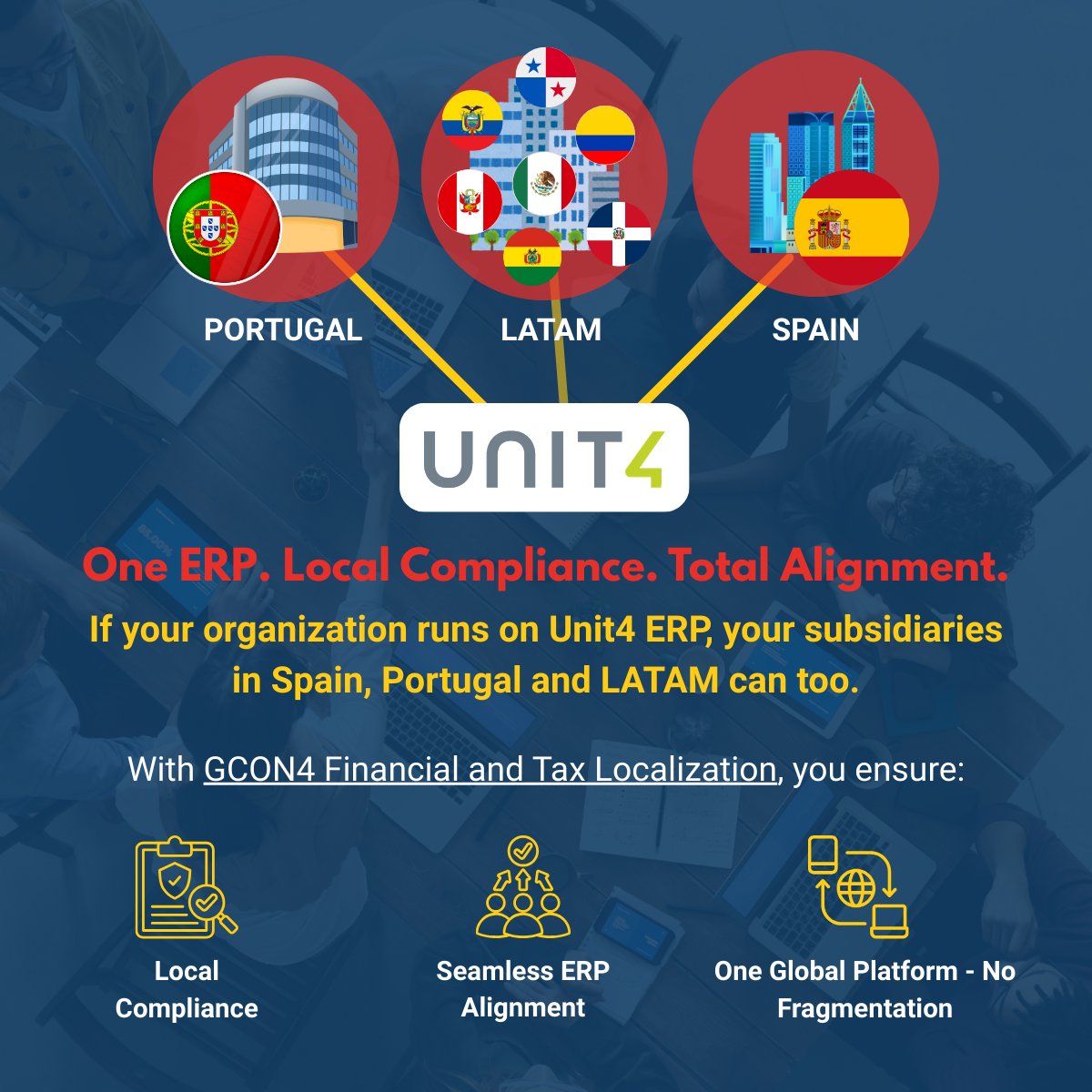 GCON4Group's tweet photo. Running Unit4 ERP? Your subsidiaries in Spain, Portugal &amp; LATAM can too.

With GCON4 Financial &amp; Tax Localization:
✔ Local compliance
✔ Seamless alignment
✔ One global platform

One ERP. Local Compliance. Total Alignment.
https://t.co/HKO5hOCCYN

#Unit4 #Unit4ERP #LATAM https://t.co/OLrkGuGSxJ