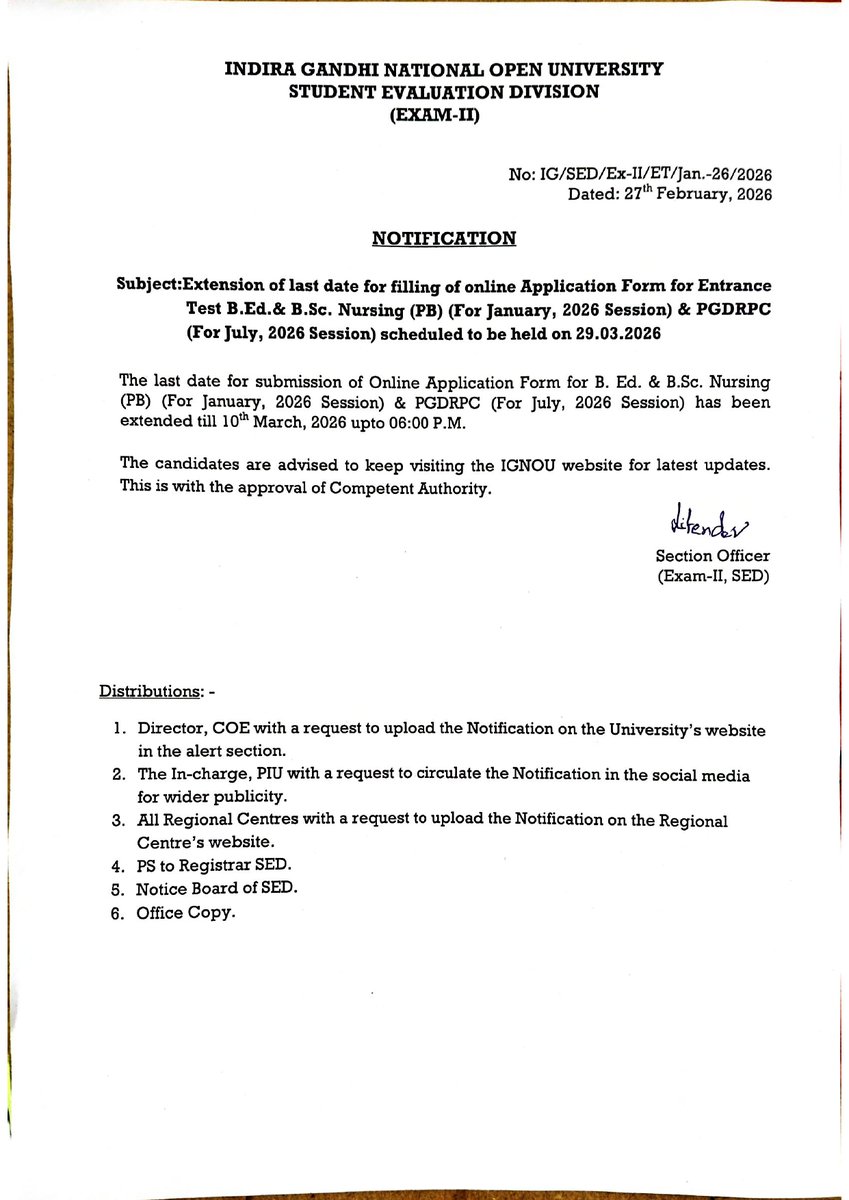 Notification for extension of last date for filling of online application form for Entrance test for B.Ed., B.Sc. Nursing(PB) (January, 2026 session) &amp; PGDRPC (July, 2026 session)