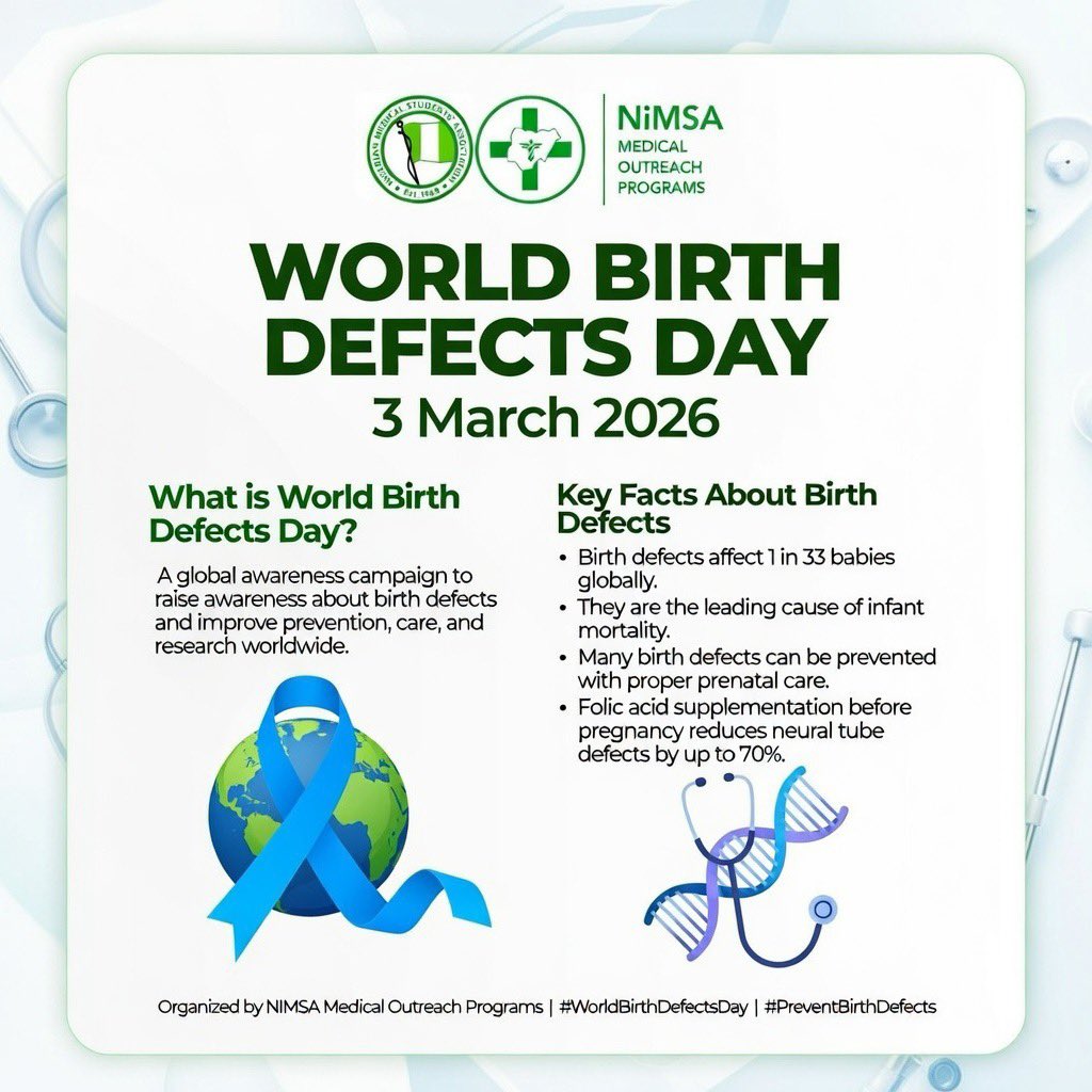 NiMSAOutreaches's tweet photo. 🤰🏻World Birth Defects Day 26’

According to the World Health Organization (WHO), an estimated 8 million babies worldwide are born with a birth defect every year, of which 240,000 die within the first four weeks of life due to associated complications. https://t.co/Wv2Ajb6FuG