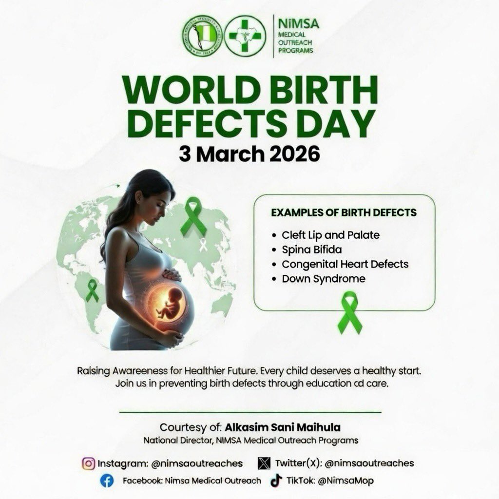 NiMSAOutreaches's tweet photo. 🤰🏻World Birth Defects Day 26’

According to the World Health Organization (WHO), an estimated 8 million babies worldwide are born with a birth defect every year, of which 240,000 die within the first four weeks of life due to associated complications. https://t.co/Wv2Ajb6FuG
