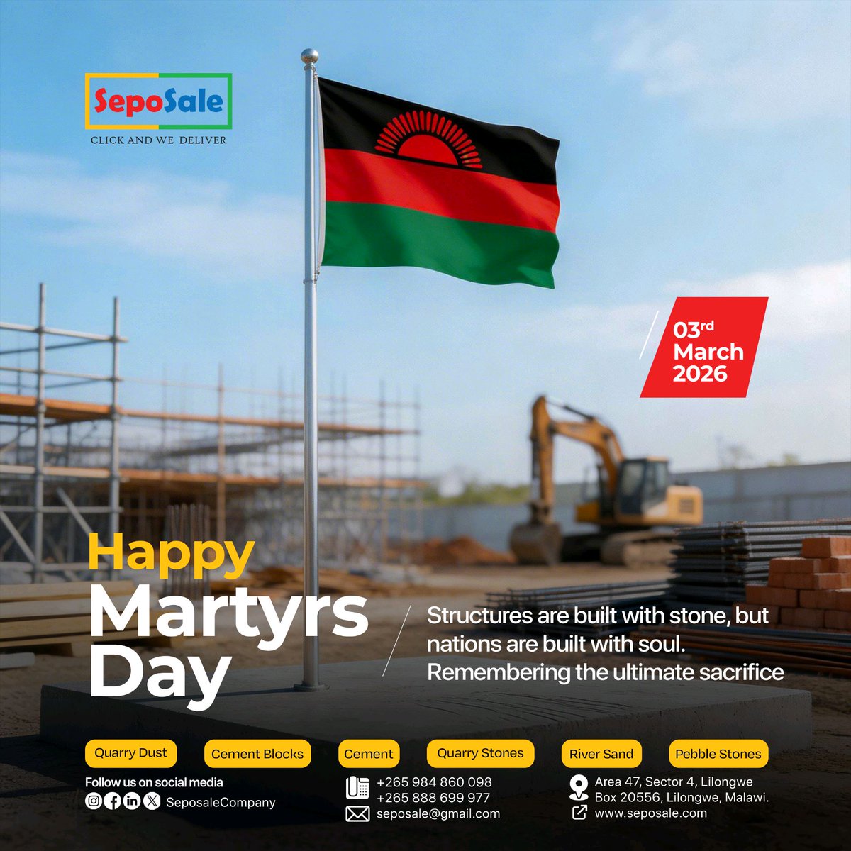 seposalecompany's tweet photo. HAPPY MARTYR'S DAY

We Supply: Sand • Blocks • Cement • Quarry Stone • Pebble Stone • Quarry Dust

📍 Visit Us: Area 47, Lilongwe 📞 Call/WhatsApp: +265 888 699 977 | +265 992 478 408 🌐 Web: https://t.co/qsLQsK6z2X 📧 Email: seposale@gmail.com https://t.co/zsjLHoDvtb