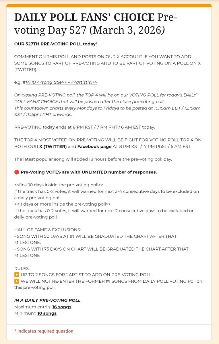 dvd_musiccharts's tweet photo. [2/2]
DAILY POLL FANS' CHOICE Pre-voting #527
March 3, 2026

What tracks will be qualified for VOTING POLL TOP 4 later?
#NMIXX #PablloVittar
#BGYO_Fresh #BGYO
#MikaSalamanca
#HORI7ON
#ALAMAT

⚪VOTE HERE (UNLI): https://t.co/YdNxzp7Rje
🔵END at 6:30 PM PHT
#DVDDailyPoll https://t.co/5BrYg1OoAU