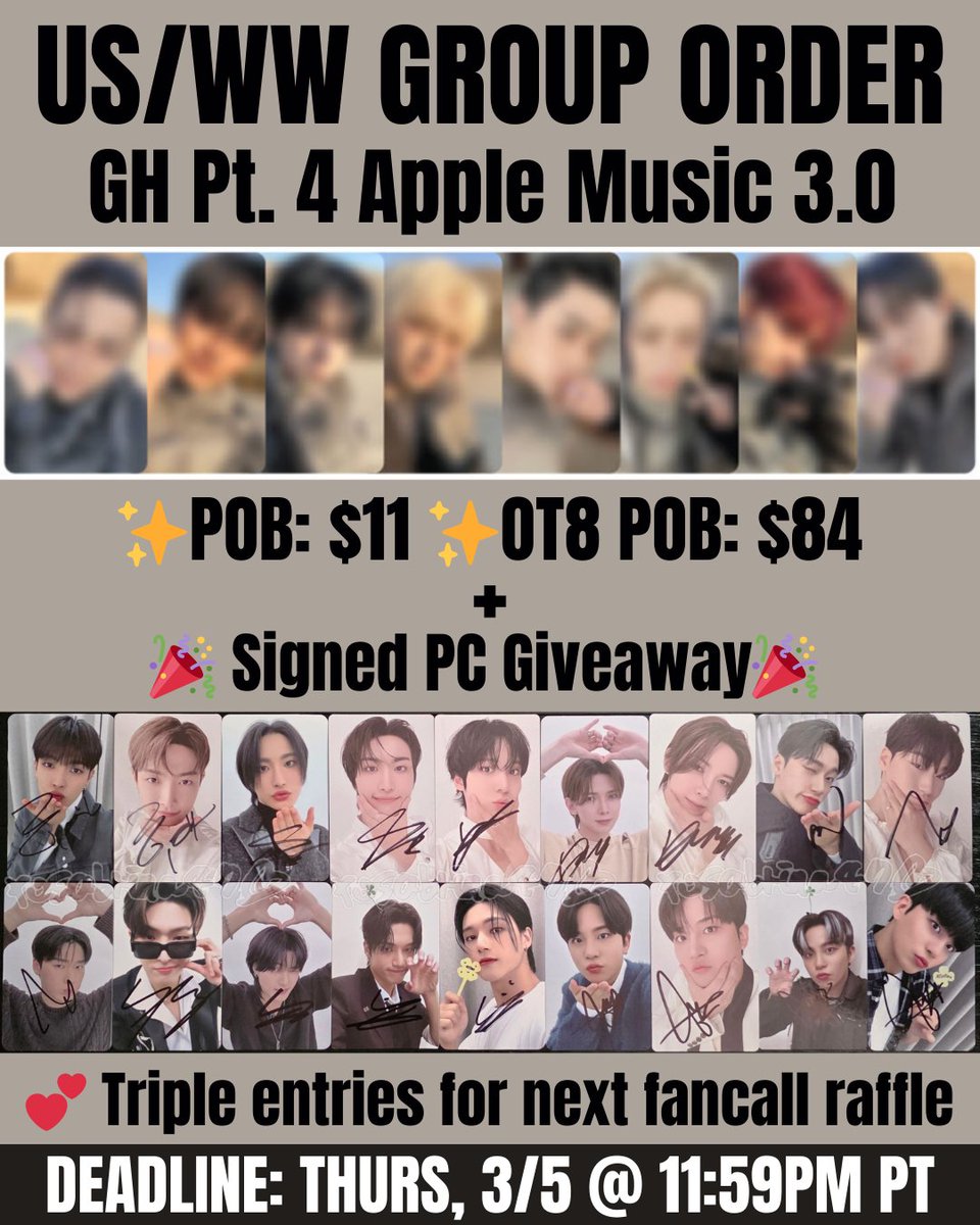 [US/WW] ATEEZ Golden Hour Pt. 4 Apple Music 3.0 Group Order

🎉 Signed ATEEZ photocard giveaway

Form: bit.ly/GH4AM3

This is a personal attempt for the in-person Korean fansign. I'd be so grateful if you joined 🥰

#ateez #에이티즈 #ateezgiveaway