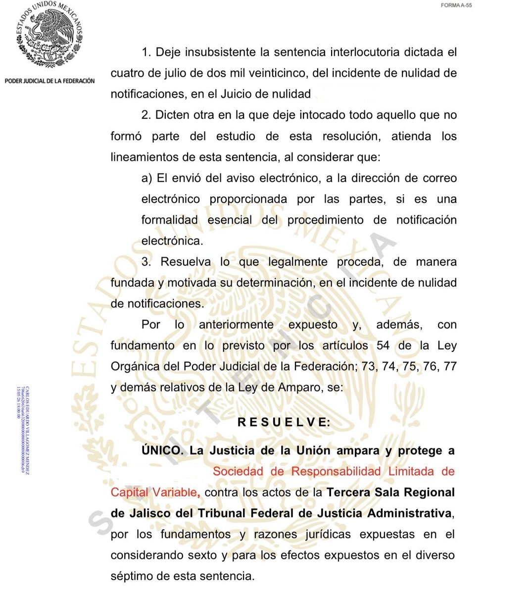 ArisdeliO's tweet photo. AMPARO Y PROTECCIÓN PARA LA NULIDAD DE NOTIFICACIONES DE UN JCA

El asunto era tramitado por diverso abogado, quien durante un año no dio seguimiento al expediente bajo el argumento de no haber recibido aviso; al asumir la defensa advertí que el JCA se encontraba firme y en archivo, derivado de una notificación electrónica practicada a un correo incorrectamente asentado por el TFJA.

En consecuencia, promoví incidente de nulidad de notificaciones, el cual fue resuelto desfavorablemente por la Sala responsable. Contra dicha determinación interpuse juicio de amparo indirecto.

El Juez de Distrito concluyó que la Sala realizó una interpretación indebida del artículo 65 de la LFPCA, al sostener que el aviso electrónico no constituye requisito esencial de la notificación por boletín jurisdiccional.

Determinó que:
1. El envío previo del aviso electrónico es requisito indispensable para la validez de la notificación.
2. No se trata de un mecanismo accesorio.
3. Constituye formalidad esencial del procedimiento y garantía de adecuada defensa.

Sin que lo anterior implique justificar la omisión de seguimiento del expediente por parte del anterior abogado, pues las partes mantienen el deber de vigilancia procesal.