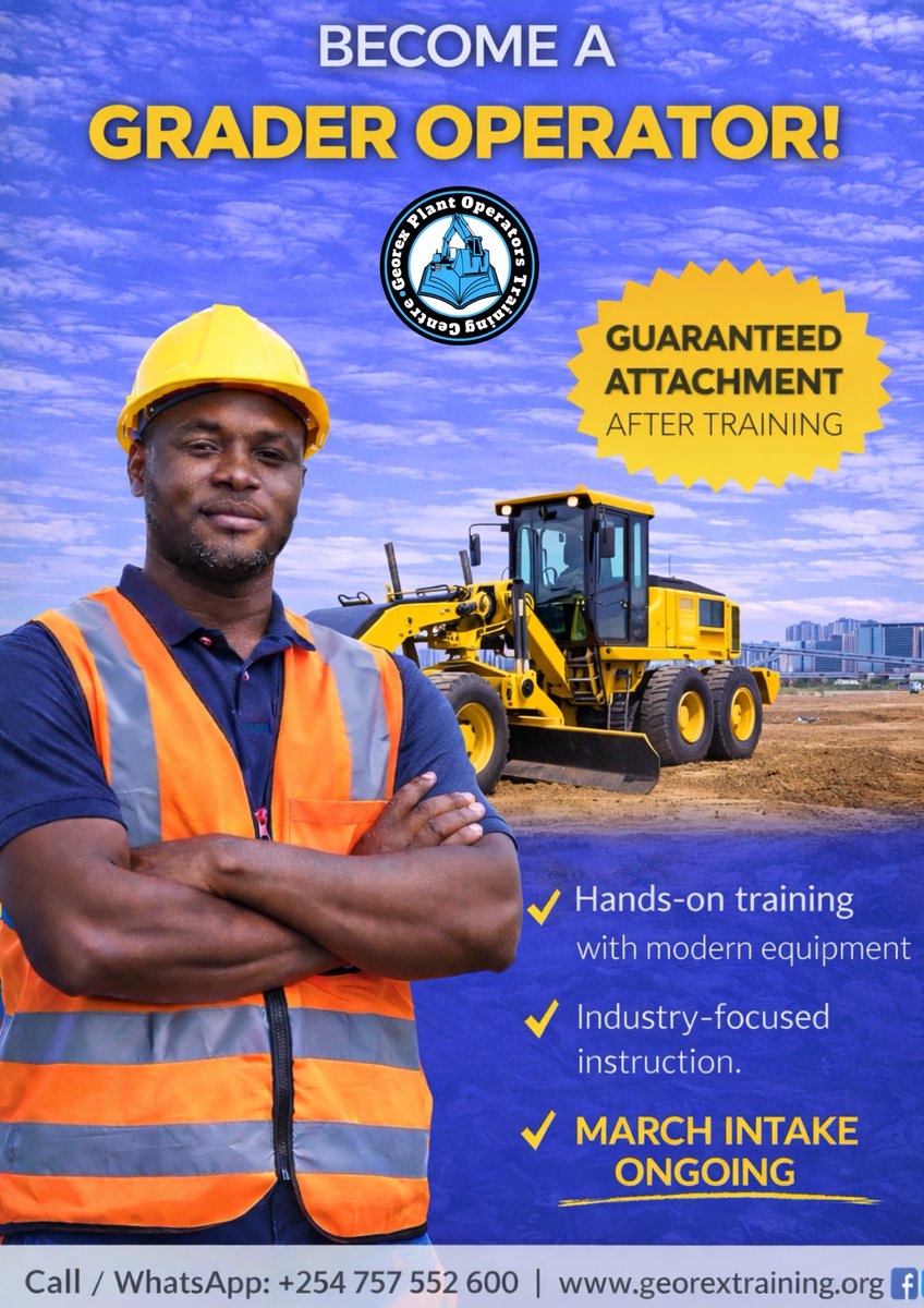 Build a strong career in the construction and transport sector with expert heavy equipment training designed for hands-on experience and industry readiness.

Courses Offered:
Forklift•Excavator•Shovel•Grader•Backhoe•Roller•Trailer Truck
📞0757552600
georextraining.org