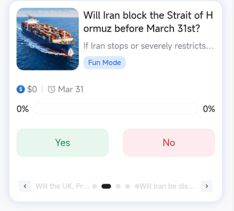 Will Iran block the Strait of Hormuz before March 31, 2026 (11:59 PM ET)?

If Iran halts or severely restricts international maritime traffic through the Strait of Hormuz before the deadline 
→ 🟢 Yes or 🔴 No
Energy markets. Oil prices. Global trade.

What’s your probability?