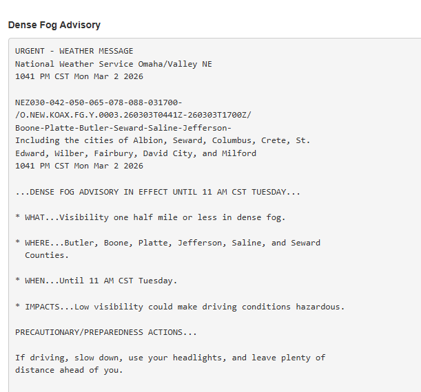 Jasamsdestiny's tweet image. Dense Fog Advisory for the counties of...#Butler, #Boone, #Platte, #Jefferson, #Saline, &amp;amp; #Seward till till 11am tomorrow morning.  Visibility reduced to one half mile or less.
#DenseFog #Nebraska #newx
