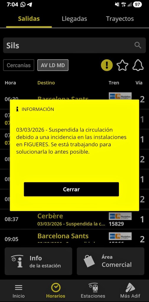 TOTS ELS TRENS SUPRIMITS de Girona (Sils) a BCN i ningú informant. Taquilla tancada (aquí no treballa ni l'apuntador). Fins quan ha de durar això? Ja no se'n parla a la TV, però seguim IGUAL QUE AL GENER! VERGONYA DE PAÍS! <a href="/rodalies/">Rodalies Catalunya</a> <a href="/3CatInfo/">3CatInfo</a> <a href="/SilviaPaneque/">Sílvia Paneque</a> <a href="/salvadorilla/">Salvador Illa Roca</a> <a href="/Adif_es/">Adif</a>