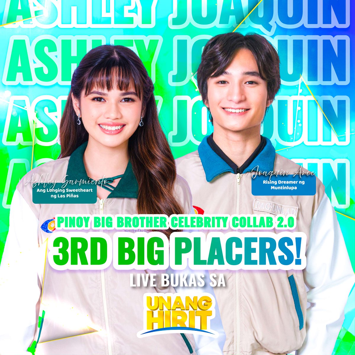 PBB THIRD BIG PLACERS ASHLEY SARMIENTO AT JOAQUIN ARCE, LIVE BUKAS SA UNANG HIRIT! 💚🩵

Makakasama natin sila bukas LIVE, mga Kapuso!

Araw-araw tumutok sa inyong pambansang morning show kung saan laging una ka– #UnangHirit