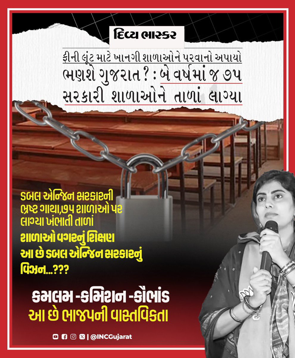 INCGujarat's tweet photo. ડબલ એન્જિન સરકારની 
ભ્રષ્ટ ગાથા,
૭૫ શાળાઓ પર લાગ્યા ખંભાતી તાળાં 
શાળાઓ વગરનું શિક્ષણ 
આ છે ડબલ એન્જિન સરકારનું વિઝન...??? https://t.co/3F7NRIkhiX