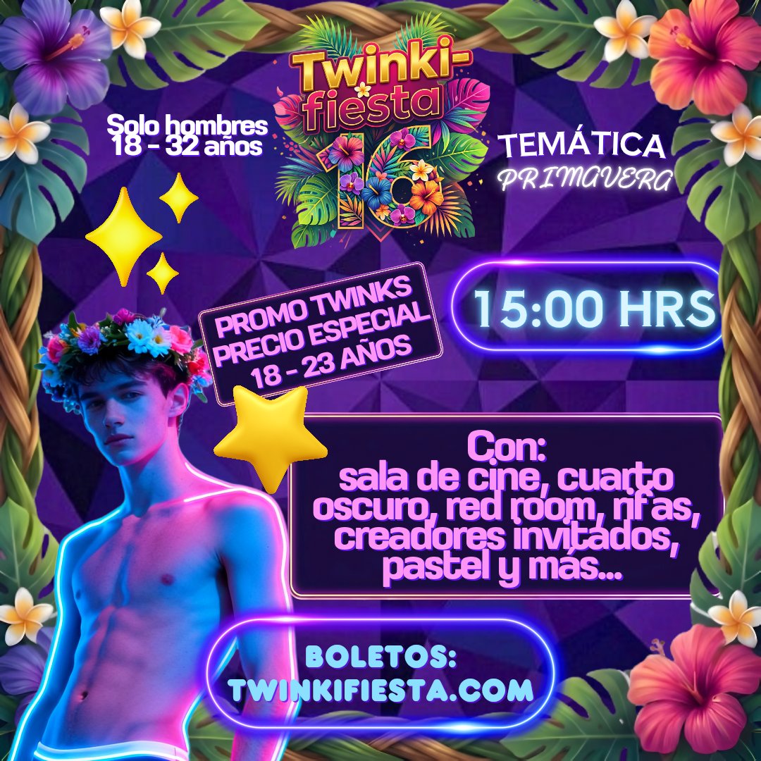 Twinki-Fiesta 16 🌺🌸Primavera🌸🌼
Preventas disponibles ahora!
Nuevo spot, y más sorpresas ✨

Pidan su promo por DM (solo de 18 - 23) 

twinkifiesta.com

#Twinkifiesta #twink #gay #gaycdmx #lgbt #pride #twinkifiesta16 #orgia #orgy
