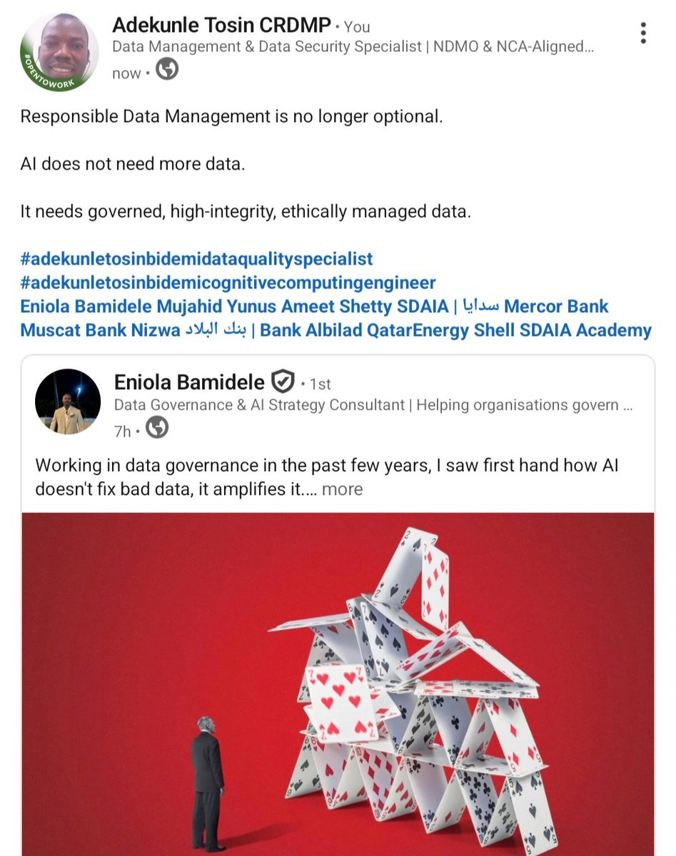 I_mkhallam's tweet photo. Responsible Data Management is no longer optional. 

#adekunletosinbidemidataqualityspecialist
#adekunletosinbidemicognitivecomputingengineer
#adekunletosinbidemicertifiedresponsibledatamanagementprofessional https://t.co/wZfpLngroH