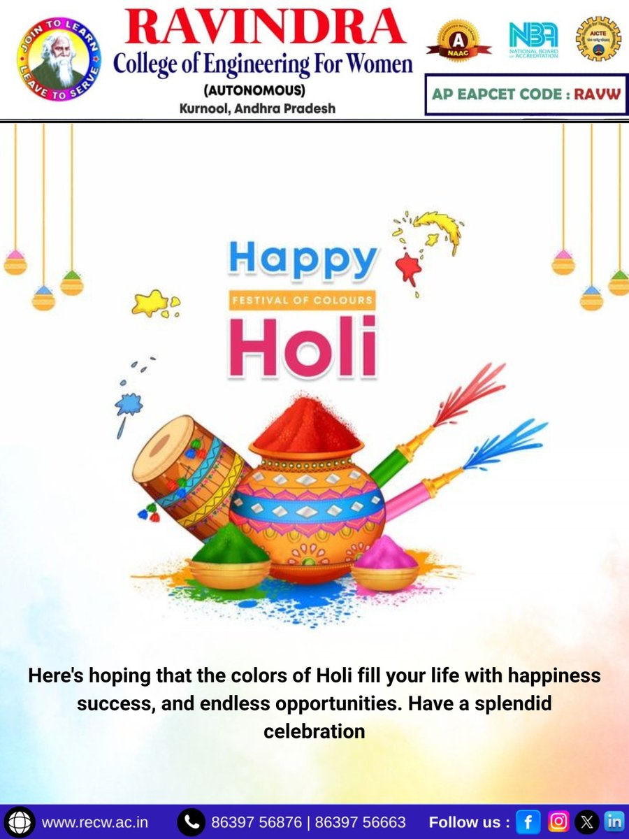 recwofficial's tweet image. "🎉🌈 Wishing all students a Happy Holi! 🎊 May your circuits be colorful, your codes be bug-free, and your projects be innovative like rainbow! 🌟 May this vibrant festival inspire your designs, derivations, and dreams! #HoliVibes #EngineeringLife #RECW 🚀"
