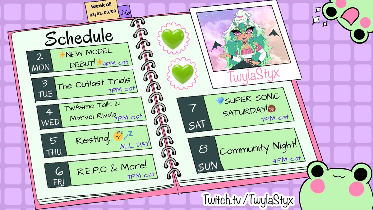 Hey Y'all! My schedule for this week is up and going! Sorry I've been gone for about a week and some change but I am back and better than ever! We got our usual special coming up and a random gaming event on Friday with da homies. Hospitalization cant bring me down! 💯💗