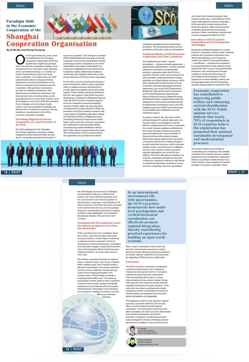 The article is authored by Dr. Ma Bin and Chang Chunyang, this analysis examines the evolving economic architecture of the SCO, highlighting its shift from a top-down framework to a more flexible, bottom-up model of regional cooperation and sustainable development.