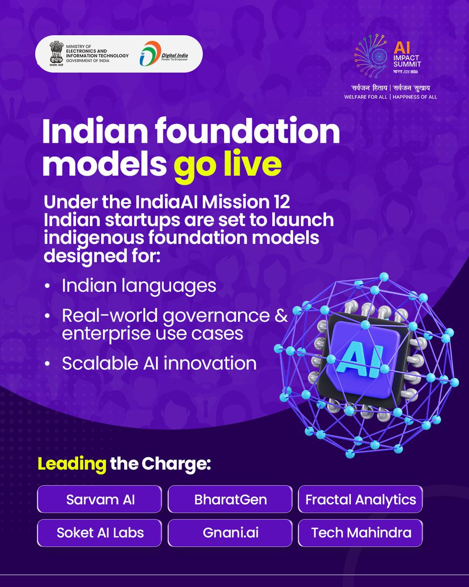 GoI_MeitY's tweet photo. The India AI Impact Summit is more than a tech event — it’s a national shift.

From a 100K GPU pool to Indian foundation models and AI across banking, healthcare, manufacturing, and governance — India is building AI at production scale.

#IndiaAIImpactSummit2026 #DigitalIndia https://t.co/cdrT09lCEE
