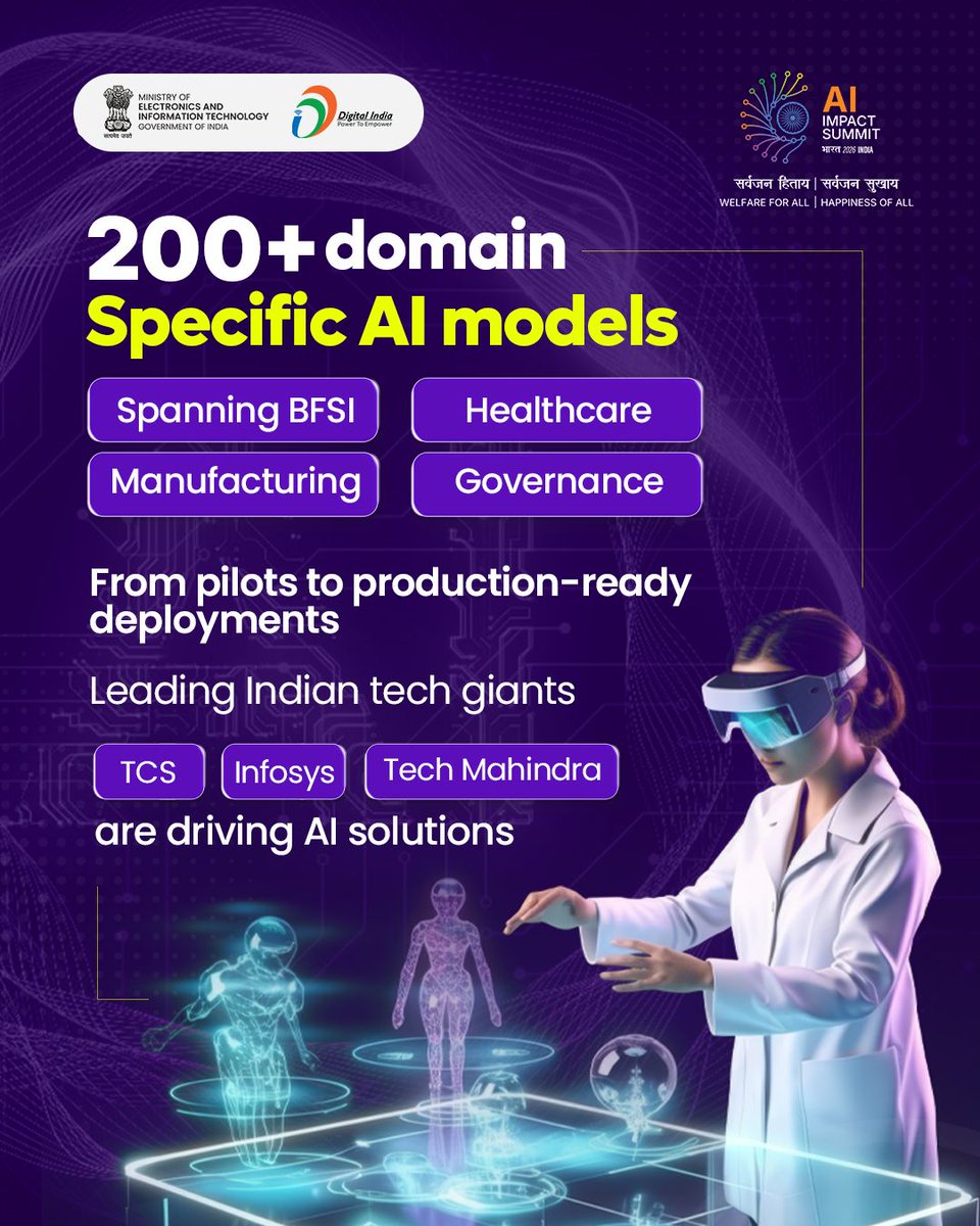 GoI_MeitY's tweet photo. The India AI Impact Summit is more than a tech event — it’s a national shift.

From a 100K GPU pool to Indian foundation models and AI across banking, healthcare, manufacturing, and governance — India is building AI at production scale.

#IndiaAIImpactSummit2026 #DigitalIndia https://t.co/cdrT09lCEE