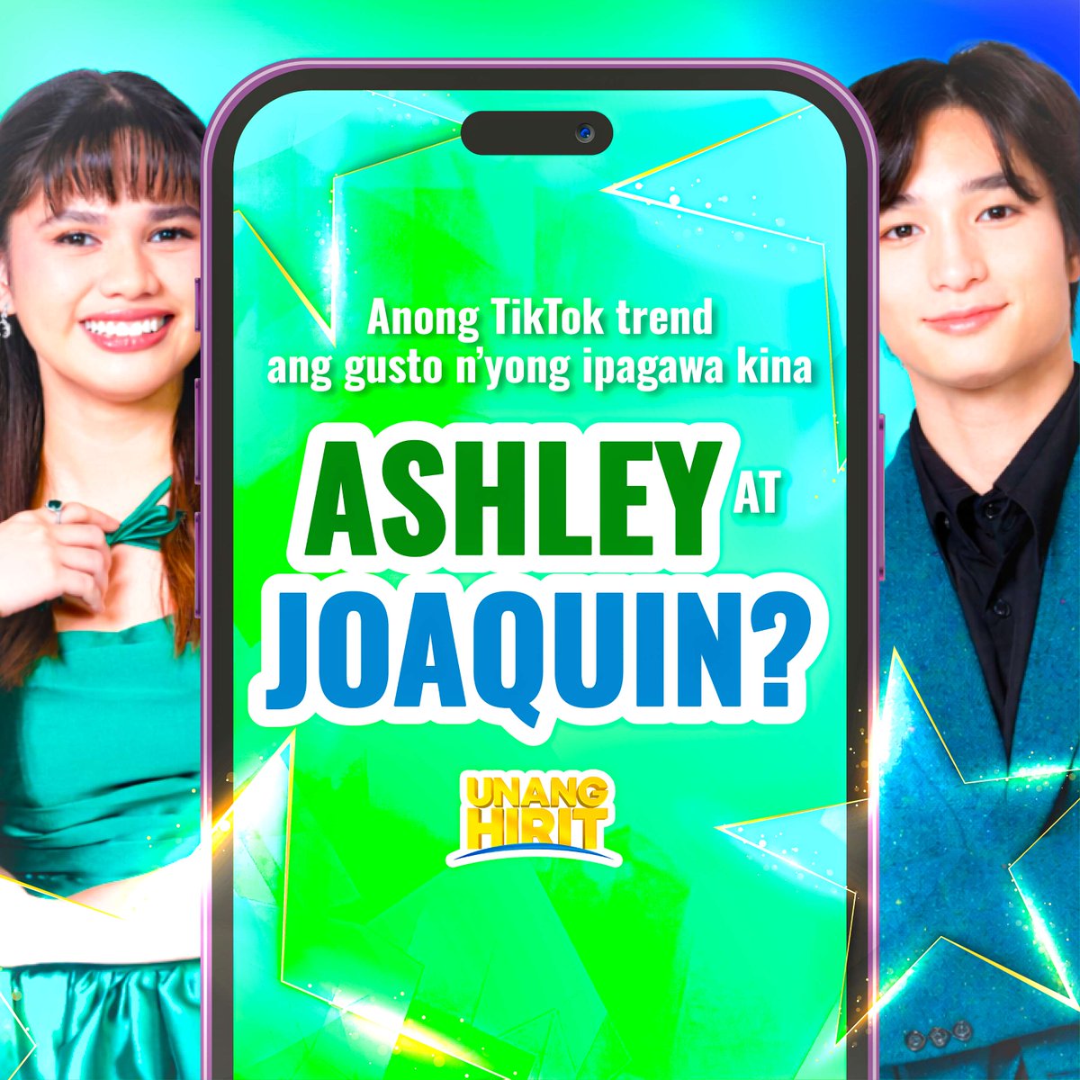 UnangHirit's tweet photo. TikTok assignments para kina Ashley Sarmiento and Joaquin Arce?!

Baka may gusto kayong ipagawa kina Ashley at Joaquin!

Araw-araw tumutok sa inyong pambansang morning show kung saan laging una ka– #UnangHirit https://t.co/EUYDa3L38S