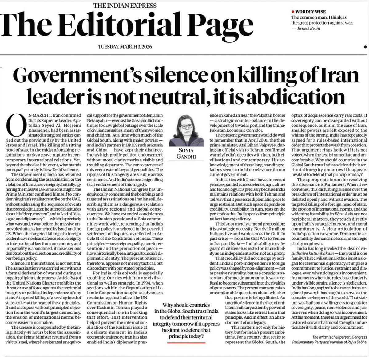 Sonia Gandhi - India Congress leader- writes in Indian Express; "The govt of India refrained from condemning the assassination of (Iran head of state) &amp; violation of Iranian sovereignty, ignoring the massive US Israel onslaught; the prime minister confined himself to condemning