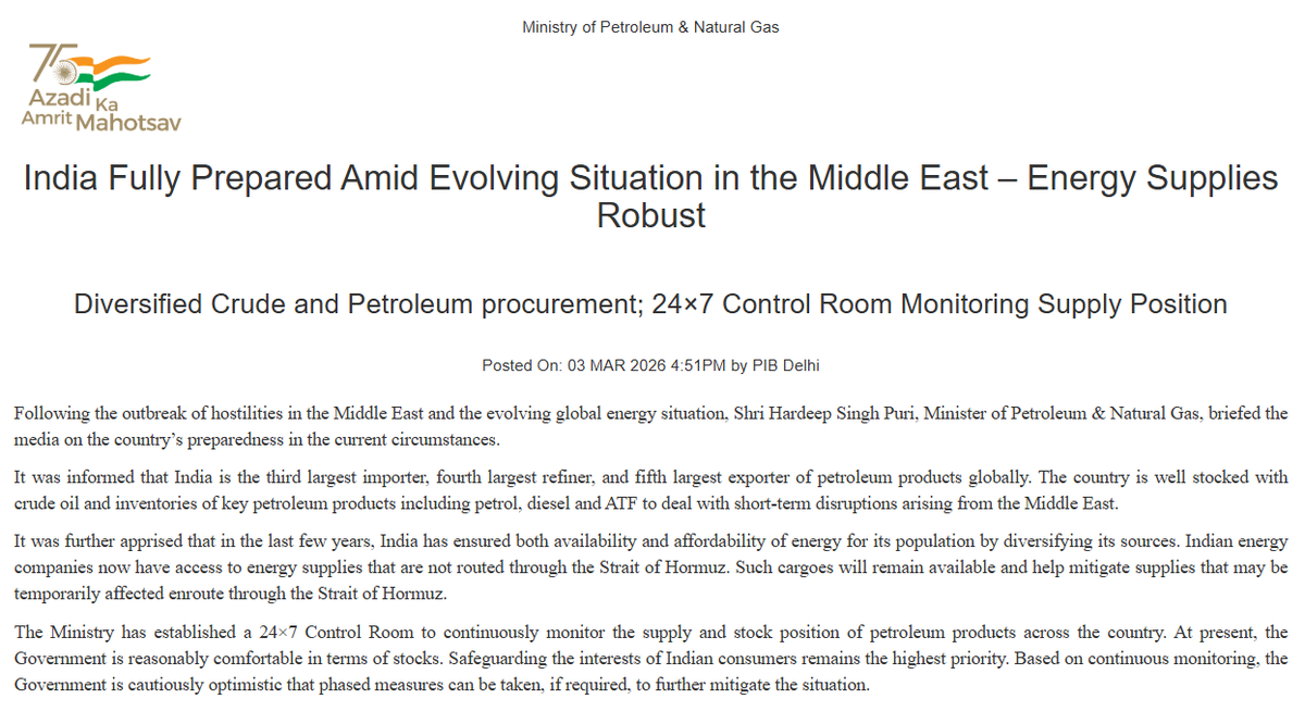 ANI's tweet photo. Following the outbreak of hostilities in the Middle East and the evolving global energy situation, Hardeep Singh Puri, Minister of Petroleum & Natural Gas, briefed the media on the country’s preparedness in the current circumstances. It was informed that India is the third largest importer, fourth largest refiner, and fifth largest exporter of petroleum products globally. The country is well stocked with crude oil and inventories of key petroleum products including petrol, diesel and ATF to deal with short-term disruptions arising from the Middle East: Ministry of Petroleum & Natural Gas