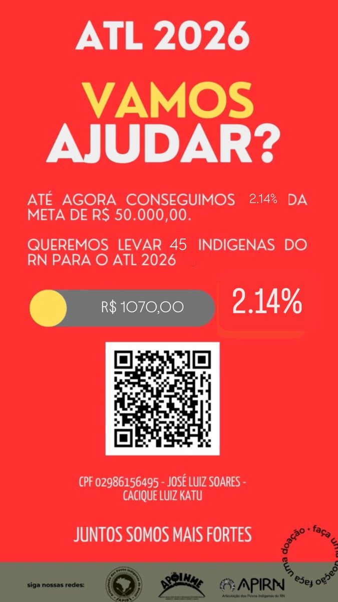 indigenasdorn's tweet photo. Passos lentos, mas firme!

Seja agente das mudanças Históricas

Ajude o Movimento Indígena do RN a demarcar a 1ª terra !

Contribua

Arrecadamos:  R$ 1070,00 
Meta R$ 50.000,00

Pix CPF - 02986156495
José Luiz Soares - Cacique Luiz Katu https://t.co/tqmBaHYXUf