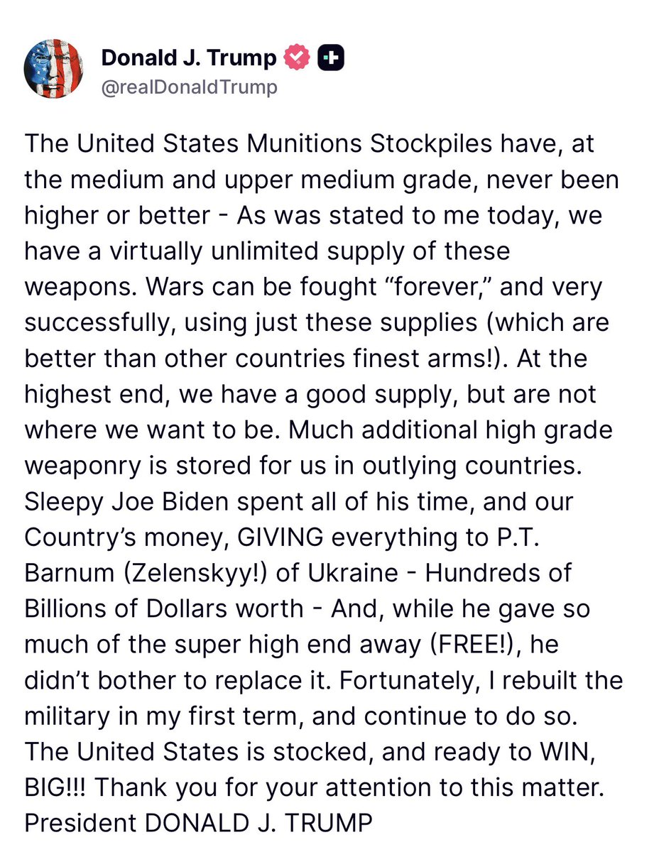 🚨 IT’S OFFICIAL: President Trump confirms we have an UNLIMITED supply of munitions, Iran is COOKED

“The United States Munitions Stockpiles have, at the medium and upper medium grade, never been higher or better - As was stated to me today, we have a virtually unlimited supply