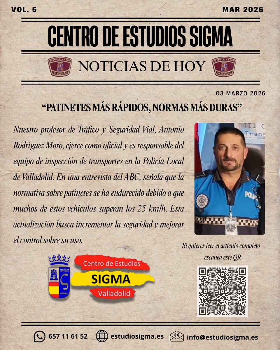EstudiosSigma's tweet photo. Hemos vuelto con las noticias y hoy el protagonista es Antonio Rodríguez Moro, nuestro profesor de Tráfico y Seguridad Vial. Podéis escanear el QR para leer el artículo completo😊
#oposiciones #estudiosigma #valladolid #guardiacivil #campusvirtual #policialocal https://t.co/WDuNbQT7GR