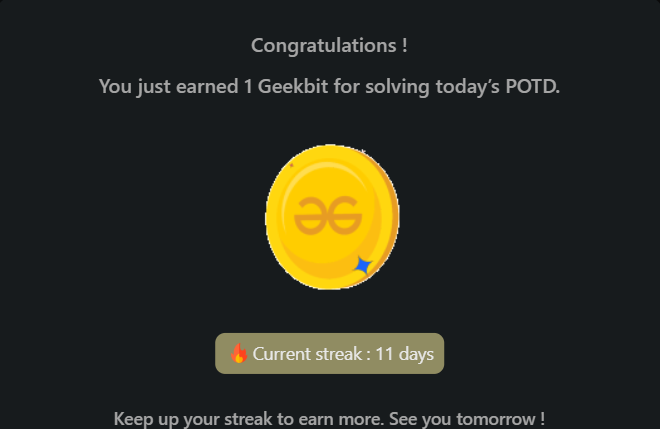 PawanRoy001's tweet photo. 60 Days POTD Challenge Powered By NPCI   
Day 11 POTD
@geeksforgeeks
@NPCI_NPCI
#geekstreak60 
#npci https://t.co/loIRtP9s5n