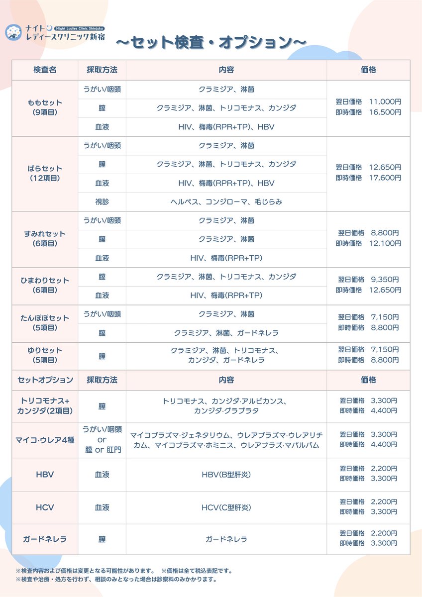 nlc_shinjuku's tweet image. 【本日21時〜22時】
待ち時間なし、所要時間約10分でご案内可能です💫

性病検査／治療／予防 
低用量ピル／アフターピル 
美容注射
一度の来院で同時対応OK◎

📍新宿三丁目駅 B5出口 徒歩30秒

ご来院を心よりお待ちしております🍀

#性病検査 #ピル #夜間診療