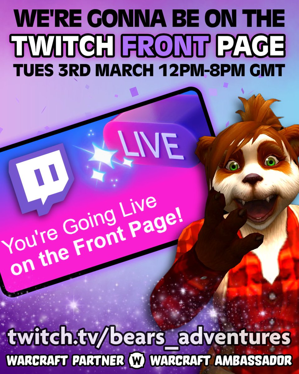 Beartrice_WoW's tweet photo. TODAY IS THE DAY!!! I'm gonna be on the Twitch front page!! Pop in and say hello while we collect, unlock haranir, explore &amp; go after achievements!

💜 https://t.co/BkJIj9rxPr

#WorldofWarcraft #WoW #Warcraft https://t.co/XfA8v7d5NI