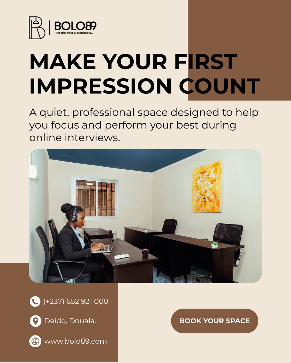 𝐌𝐀𝐊𝐄 𝐘𝐎𝐔𝐑 𝐅𝐈𝐑𝐒𝐓 𝐈𝐌𝐏𝐑𝐄𝐒𝐒𝐈𝐎𝐍 𝐂𝐎𝐔𝐍𝐓
A quiet, professional space with stable internet and backup power for smooth online interviews.
Book your space at BOLO89 today.

#BOLO89 #OnlineInterview #Douala