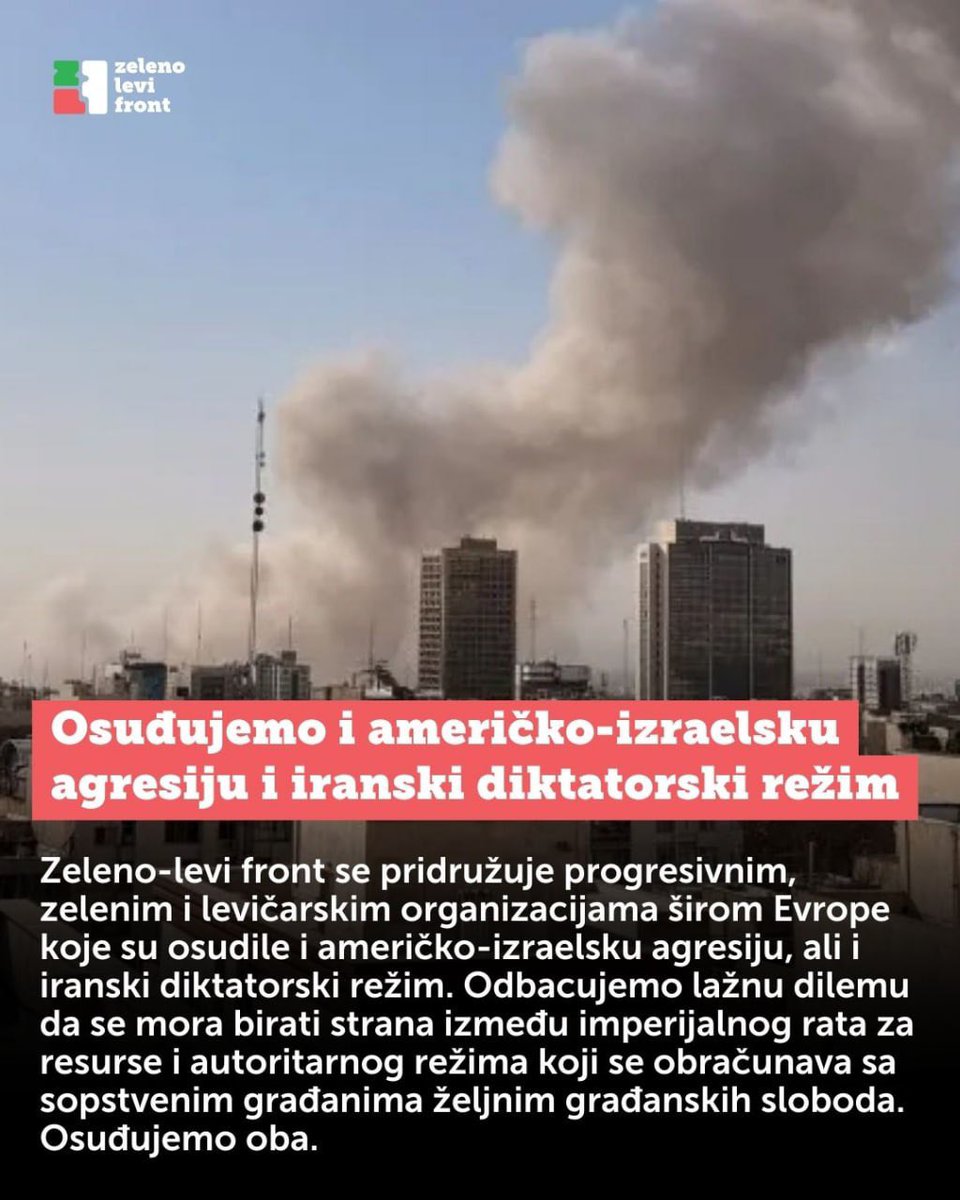 nedavimobgd's tweet photo. Ovaj rat, poput mnogih sličnih, ne vodi se za demokratiju i oslobađanje građana Irana, već za interese moćnika koji gaze međunarodno pravo i ugrožavaju civile. Ni iranski diktatorski režim ne štiti budućnost građana, već svoje pozicije moći, žrtvujući hiljade mrtvih na protestima u toj zemlji. 

Male zemlje poput Srbije morale bi da udruženo brane međunarodno pravo, multilateralizam, univerzalna ljudska prava i predvidiv pravni poredak, jer nas jedino oni štite od samovolje velikih i moćnih.

Podsećamo da se oduvek zalažemo za mirno rešavanje sporova i poštovanje međunarodnog prava. Osudili smo agresiju Rusije na Ukrajinu, tražeći usaglašavanje spoljne politike Srbije sa EU i uvođenje sankcija Putinovom režimu, osudili genocid koji izraelske vlasti sprovode u Gazi i terorističke napade Hamasa i zahtevali da Srbija odmah prestane sa izvozom naoružanja u Izrael. Osudili smo i intervenciju SAD u Venecueli, čiji cilj nije bila pomoć narodu ove države, već ostvarenje interesa moćnika. Uvek ćemo biti protiv rata i osuđivati slične imperijalne avanture ko god da ih sprovodi.