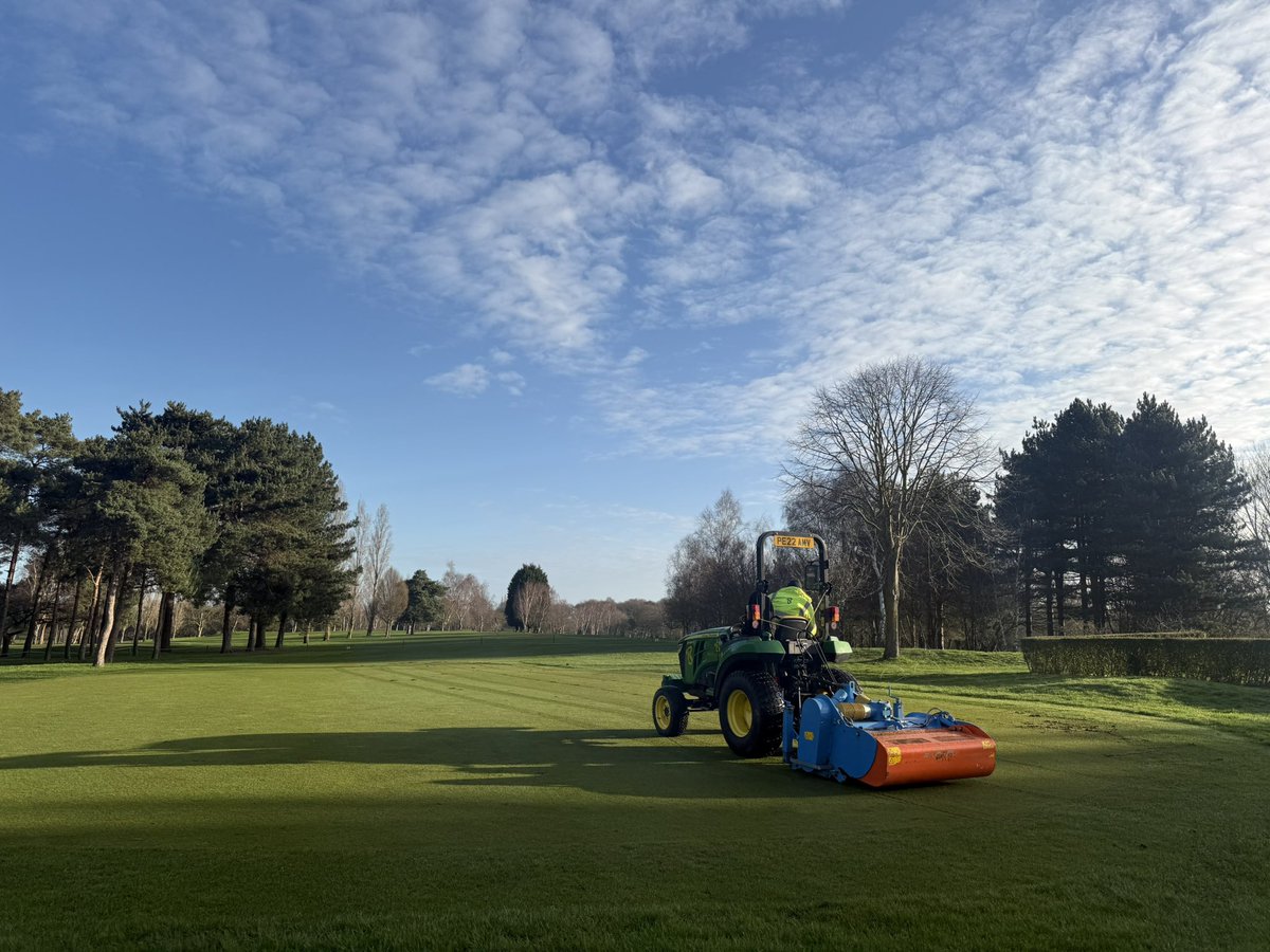 AitkensAdam's tweet photo. Spring renovations well underway @ClubWheatley with @BA_LTD GKB V-Strong, verti cut, tidy up and a top dress, followed up with @terralift TX5.1.16 for recovery https://t.co/5BBPRWgAbv