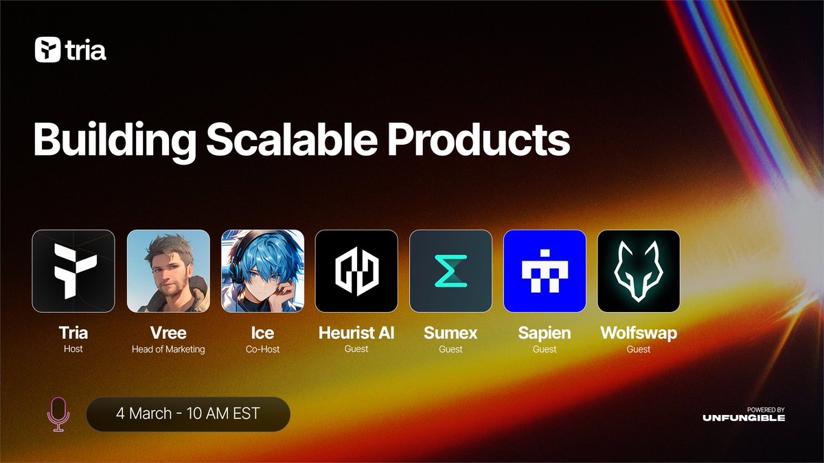 We scaled to 500k users in under 4 months. A lot goes into building a product that can sustain that growth.

Join <a href="/vreeland/">Vree</a> <a href="/heurist_ai/">Heurist</a>, @sumex_labs, <a href="/BuildOnSapien/">Sapien</a>, and <a href="/wolfswapdotapp/">WolfSWAP | SWAP & WIN</a> as we discuss building products that scale.

Tomorrow 10 AM EST. Set your reminder. 👇