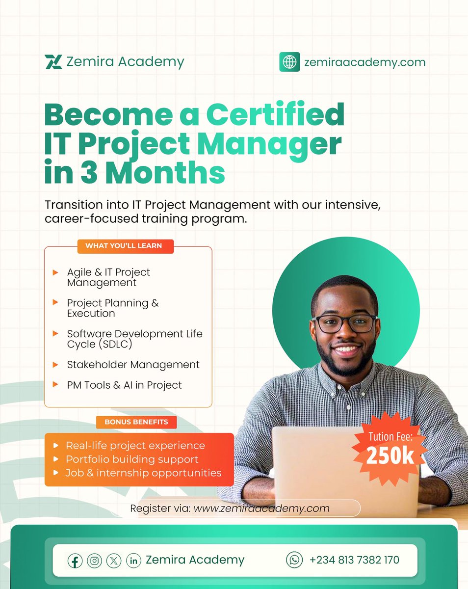 ZemiraAcademy's tweet photo. In just 3 months, become a skilled and certified Project Manager equipped to plan, execute, and deliver projects successfully

Stop watching opportunities pass by position yourself to lead them
Registration is now open

#ProjectManagement #Leadership #CareerGrowth https://t.co/qzBANPz46p